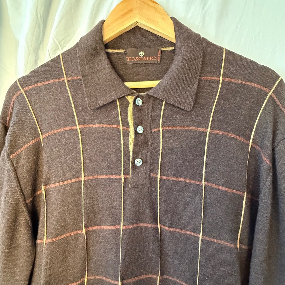 Toscano Italy Merino Wool Plaid Long Sleeve Polo Shirt - Men's XL